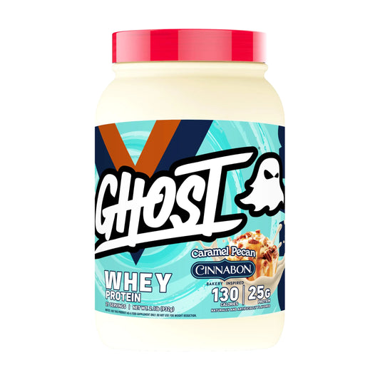 GHOST Whey Protein Powder Cinnabon Caramel Pecan - 2LB Tub 25G of Protein - Cinnamon Roll Flavored Isolate Concentrate & Hydrolyzed Whey Protein Blend - Post Workout Shakes - Soy & Gluten Free